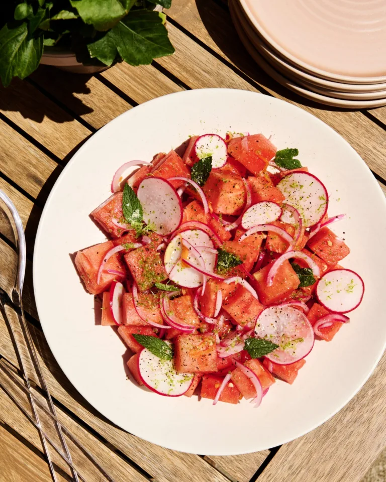 Watermelon Salad with Habanero-Pickled Onions and Lime Salt