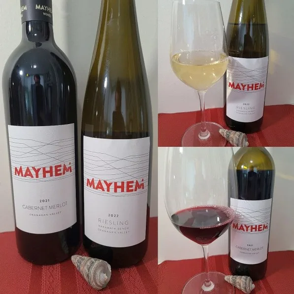 Sampling BC’s Mayhem Wines Riesling 2022 and Cabernet Merlot 2021PR SAMPLE 