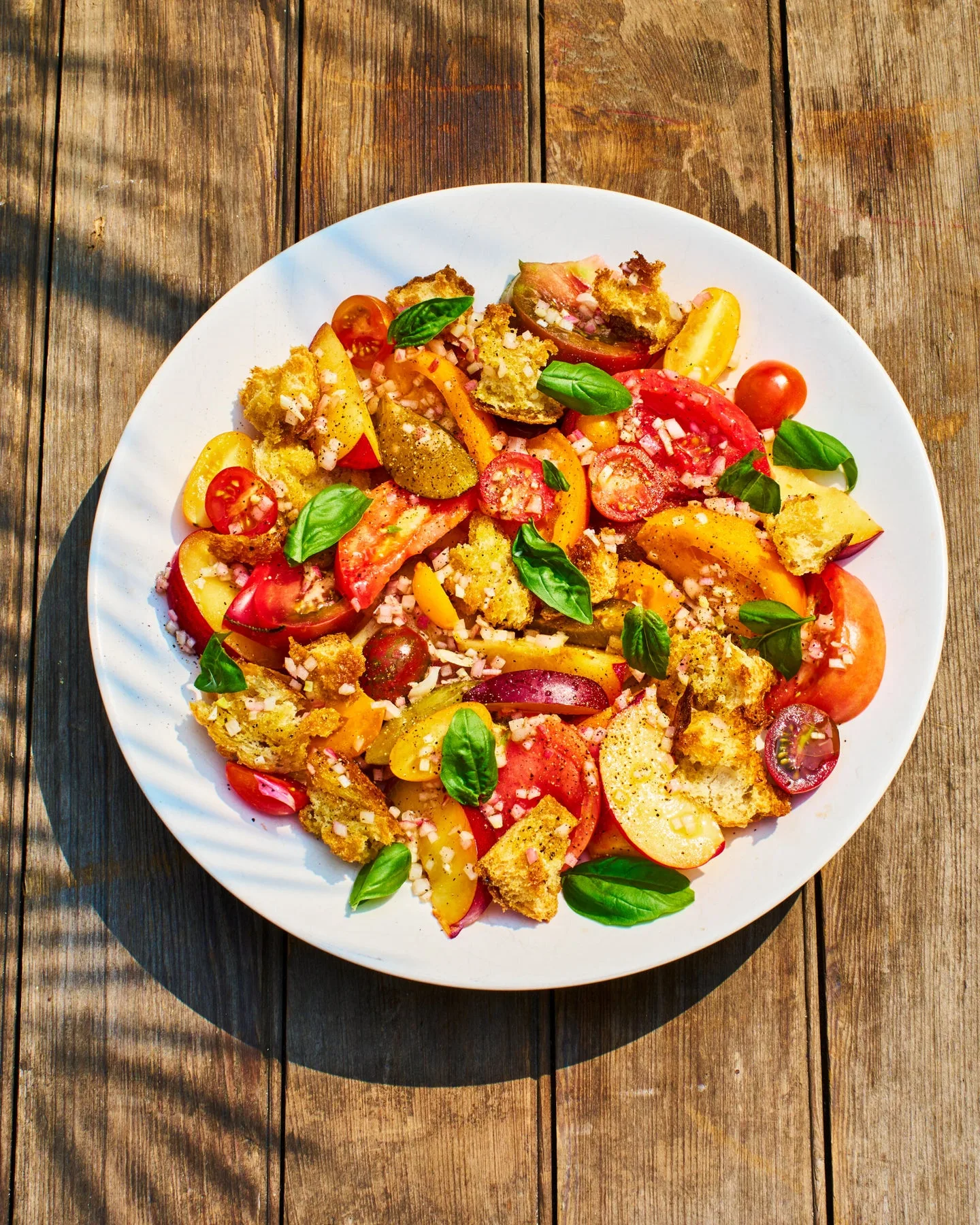 , Heirloom Tomato and Stone Fruit Salad with Garlicky Croutons