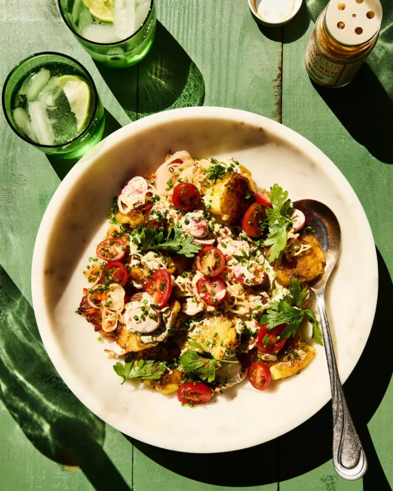 Smashed Potato Salad with Cherry Tomatoes and Roasted Peppers